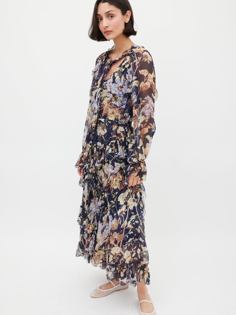 Zimmermann Navy Floral Tiered Tie-Neck Maxi Dress - Picture 4 of 17